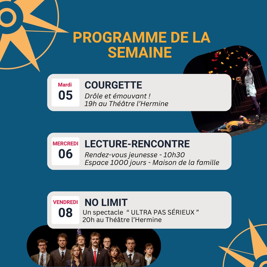 [Programme de la semaine]

Courgette. Mardi 05 décembre. Le mardi 05 décembre à 19h au Théâtre l'Hermine.
Lecture musicale à la Maison de la Famille - Espace 1000 jours le mercredi 6 décembre à 10h30.
No Limit. Vendredi 08 décembre à 20h au Théâtre l'Hermine.