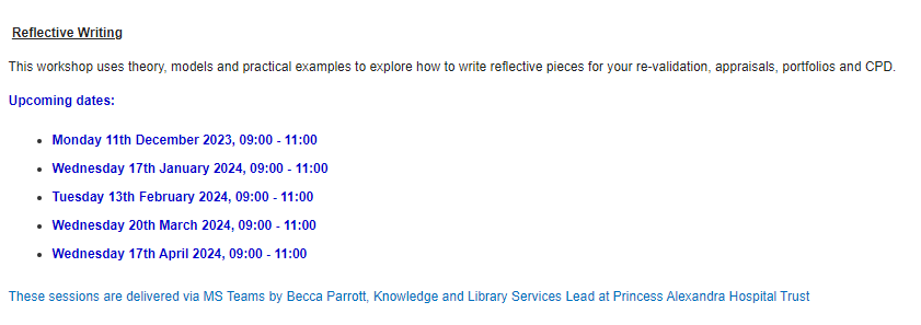 Alex dreams of being a better reflective practitioner & is booked onto our next Reflective Writing workshop. If you're at @nhsharlow, MSE or EPUT, book a place with your Library team now! Dates in 2nd slide, link for #PAHTPeople: oaks.libguides.com/harlow/training