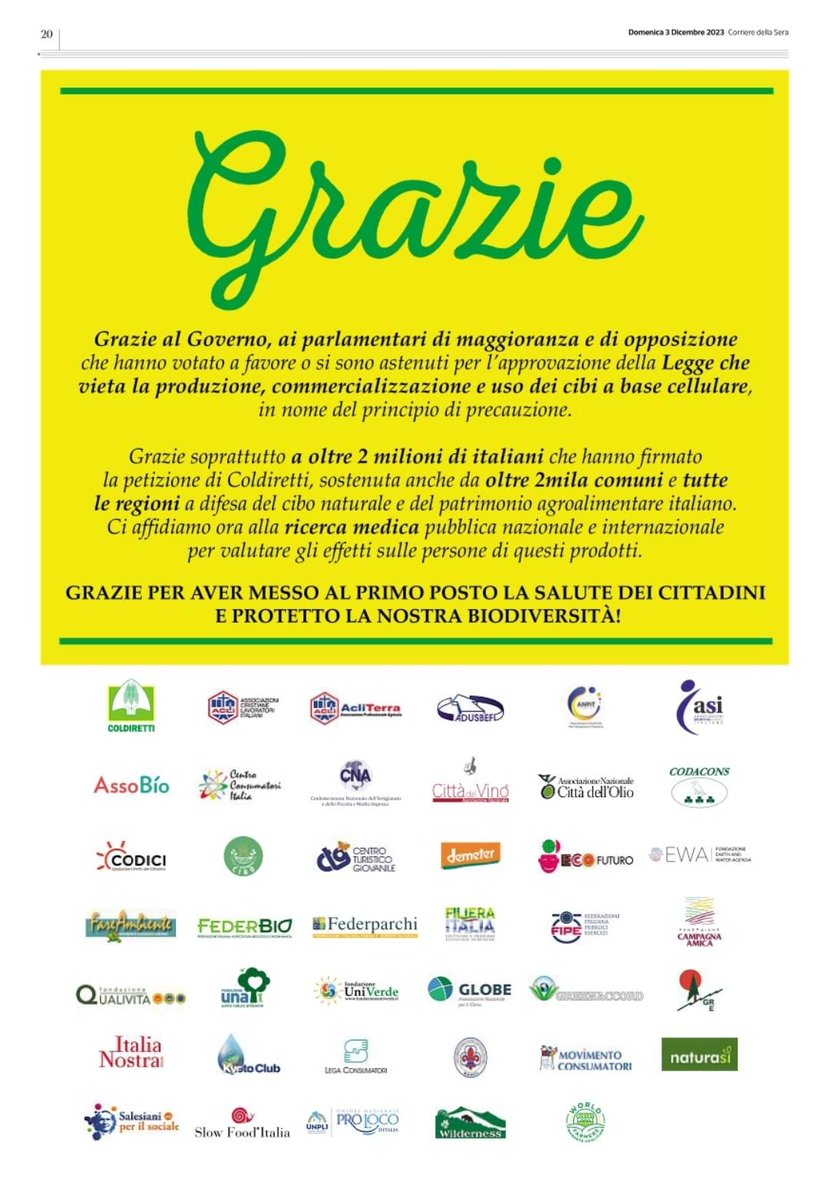 🎯Firmata la #legge contro la produzione e commercializzazione dei prodotti alimentari a base cellulare
#carnecoltivata