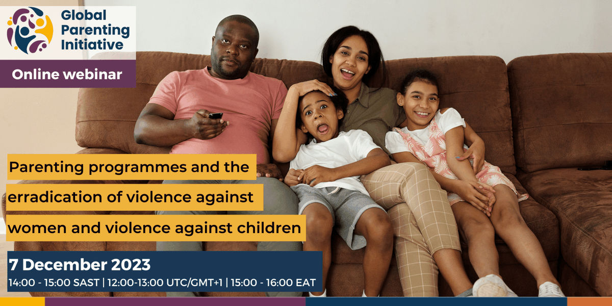 Join Natalie Davidson &amp; Anna Booji for a webinar this week to discuss parenting programmes &amp; the eradication of violence against women &amp; children.

📅 7 Dec 2023
⏰ 14:00-15:00 SAST | 12:00-13:00 UTC/GMT+1 | 15:00-16:00 EAT 

🔗Register: bit.ly/3GcTmBe
#16DaysOfActivism