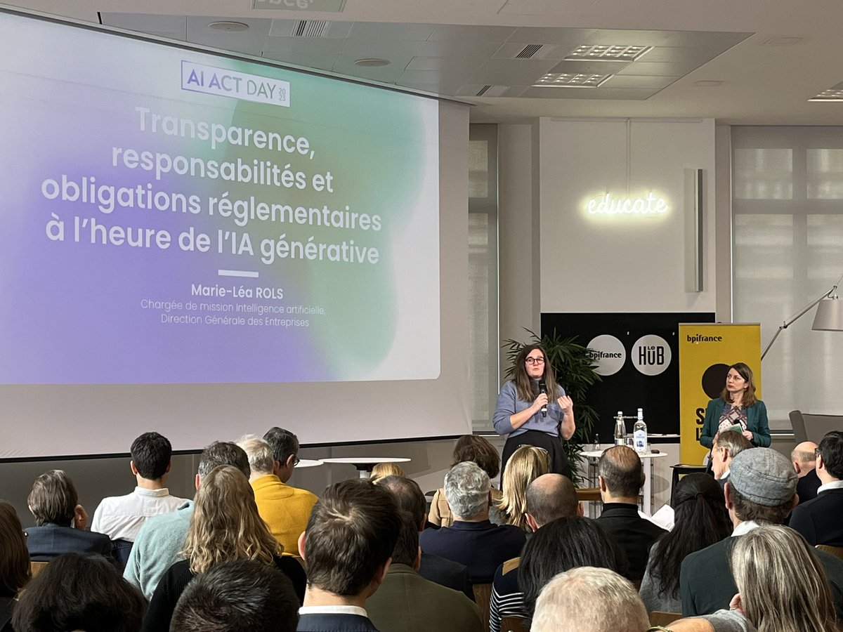 impactaiFrance's tweet photo. Marie-Léa Rols, chargée de mission IA @DGEntreprises rappelle que la priorité de sa direction est de simplifier la vie des entreprises, et donc que la charge administrative induite par l’AI Act soit proportionnée. 
@datacraft_paris @impactaiFrance #AIACT #AIACTDAY23 #genAI #AI https://t.co/Z6BQXV7OcX