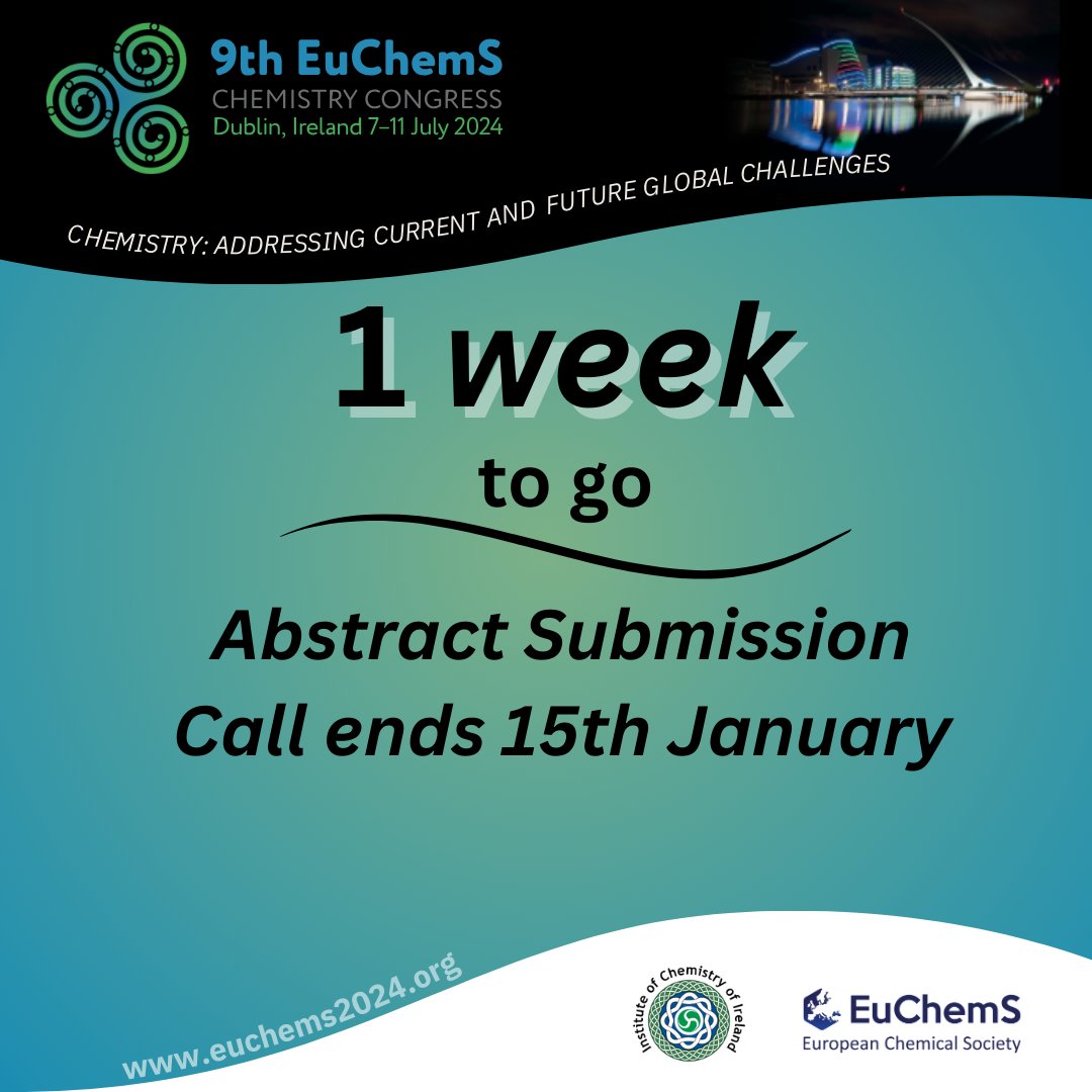 🚨 Last call! Just 1 week left until the abstract submission deadline. ⏰ Don't miss out on the opportunity to share your research. Finalize those abstracts now! 🌐🔬 <a href="/EuChemS/">EuChemS</a> <a href="/irishchemistry/">ICI Ireland</a> <a href="/RoySocChem/">Royal Society of Chemistry</a> <a href="/RCSI_Irl/">RCSI</a> <a href="/YoungChemists/">EYCN</a> <a href="/ChemistryNews/">Chemistry News</a> <a href="/ChemistryWorld/">Chemistry World</a> <a href="/AmerChemSociety/">American Chemical Society</a>