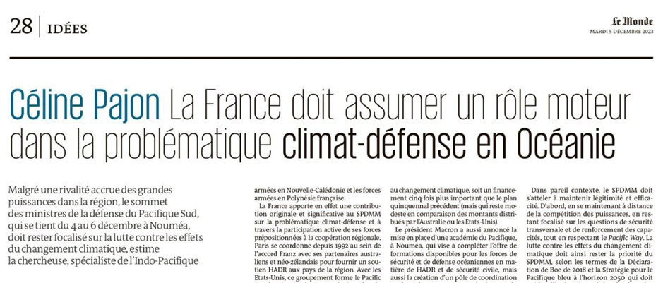 🌏🇫🇷🇳🇨 La #France accueille à #Nouméa le sommet des ministres de la défense du Pacifique Sud. #SPDMM23
Elle y joue un rôle clé pour renforcer la sécurité climatique des pays de la région. #HADR #SECMAR 
👇Ma tribune pour <a href="/lemondefr/">Le Monde</a> <a href="/lemonde_inter/">Le Monde Inter</a> 
lemonde.fr/idees/article/…