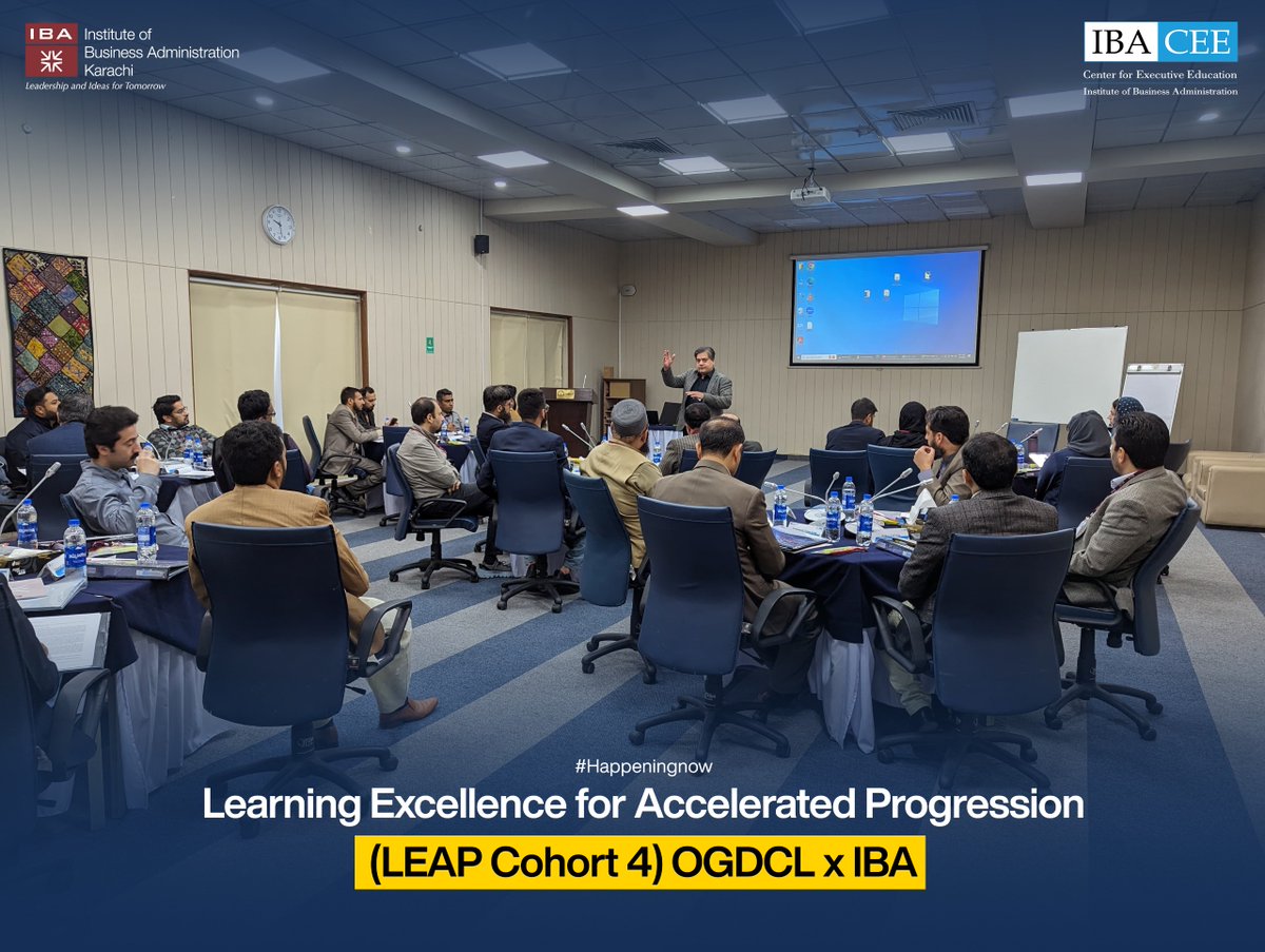 CEEIBA's tweet photo. #HappeningNow Day 1 of Learning Excellence for Accelerated Progression (LEAP Cohort 4) Oil & Gas Development Company Ltd. Pakistan x IBA
Trainer: Dr. Hilal Butt
#IBACEE #CEEIBA #IBAinIslamabad https://t.co/9au67d3Qg1