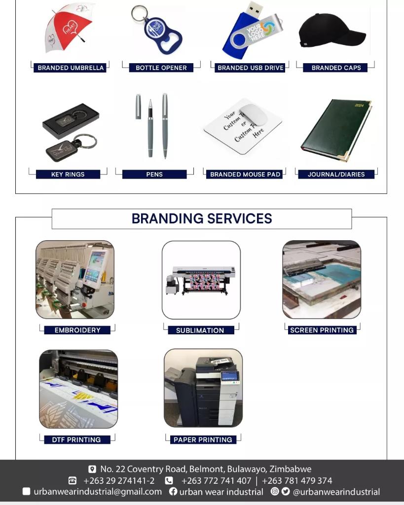 Urban_wear_Ind's tweet image. We offer the following services :

Corporate wear
Corporate gifts
Promotional wear
Protective wear
Uniforms

Branding services
#DTFprintingservices
#advertisingbanners
#Screenprinting

Visit us at No 22 Coventry Road Belmont Bulawayo

Contact us 0772741407