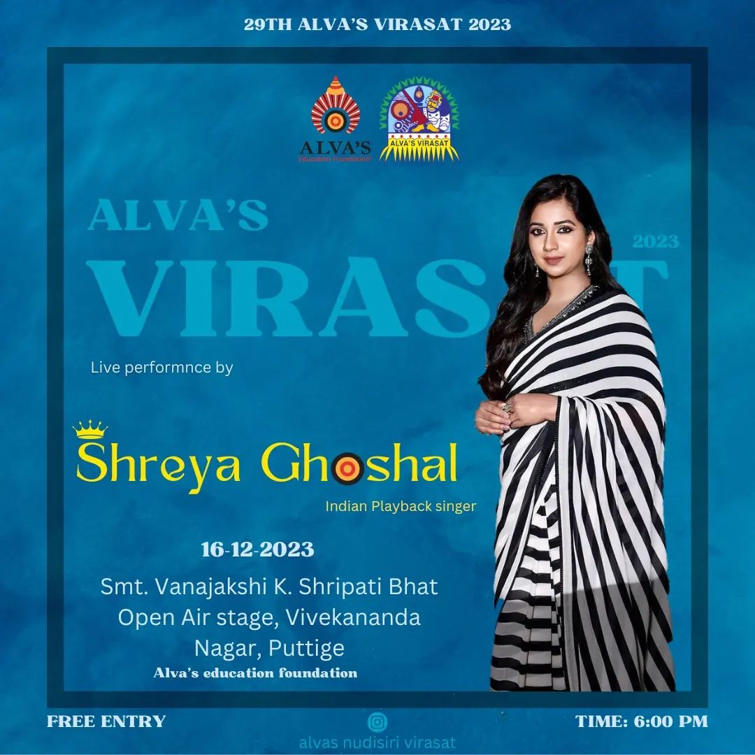 SonaSsg's tweet photo. *CONCERT ALERT*
The Nightingale of India @shreyaghoshal will be performing at Smt.Vanajakshi. K sripati Bhat open air stage, Vivekananda Nagar in #Puttige on this 16Dec 2023 on 29th Alva's virasat ...
Bestest wishes Queen 👸 https://t.co/rHVcHCd7gD