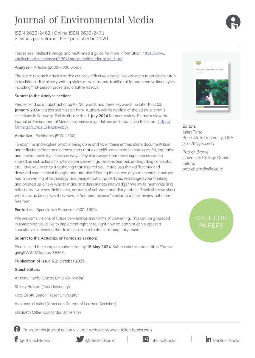 Exciting CFP for a special issue of Journal of Environmental Media on 'Care-ful convening: towards low carbon and inclusive knowledge sharing', co-edited by strand member @patbrodie337 Deadlines in 15 Jan 2024 (Analyse) and 15 May (Actualise/Fantasize): intellectbooks.com/asset/79161/1/…