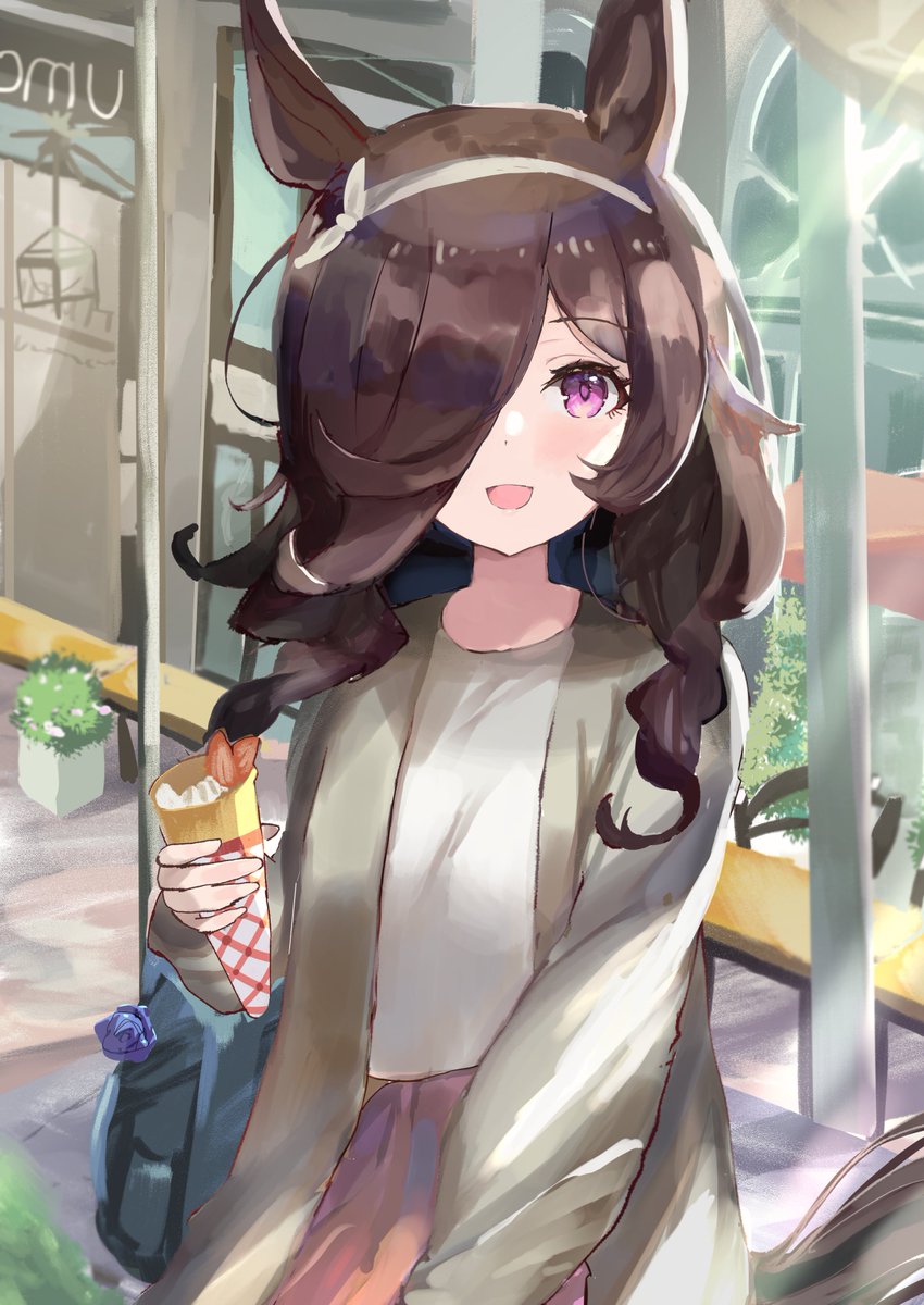 rice shower (umamusume) 1girl horse ears animal ears hair over one eye food purple eyes horse girl  illustration images