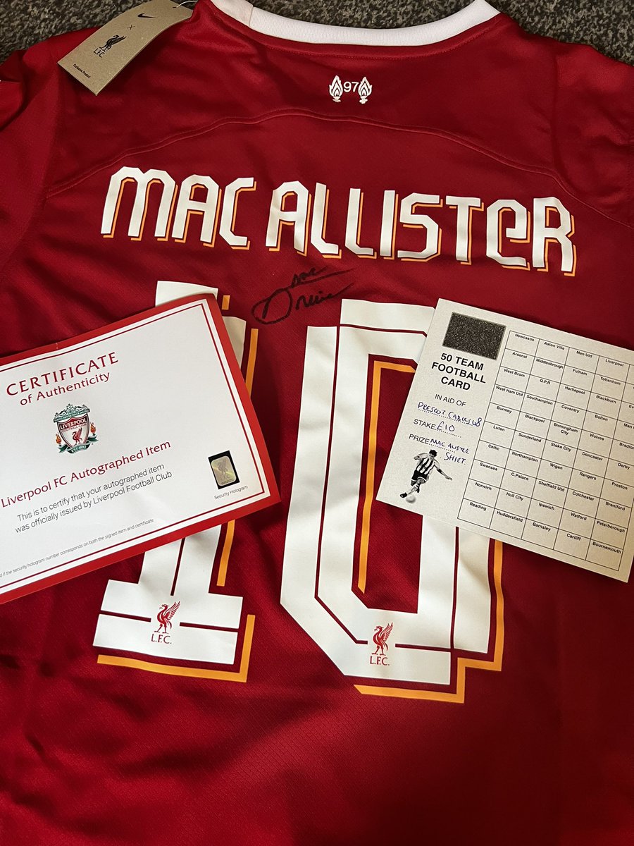 <a href="/TheAnfieldWrap/">The Anfield Wrap</a> In honour of his worldy yesterday, we have a shirt signed by Liverpool and Argentina World Cup winner, Alexis Mac Allister. @prescotcablesu6 

£10 per team, all funds will be used for Prescot Cables U8’s Christmas party and league fee’s for <a href="/BurscoughJfl/">Burscough JFL</a>