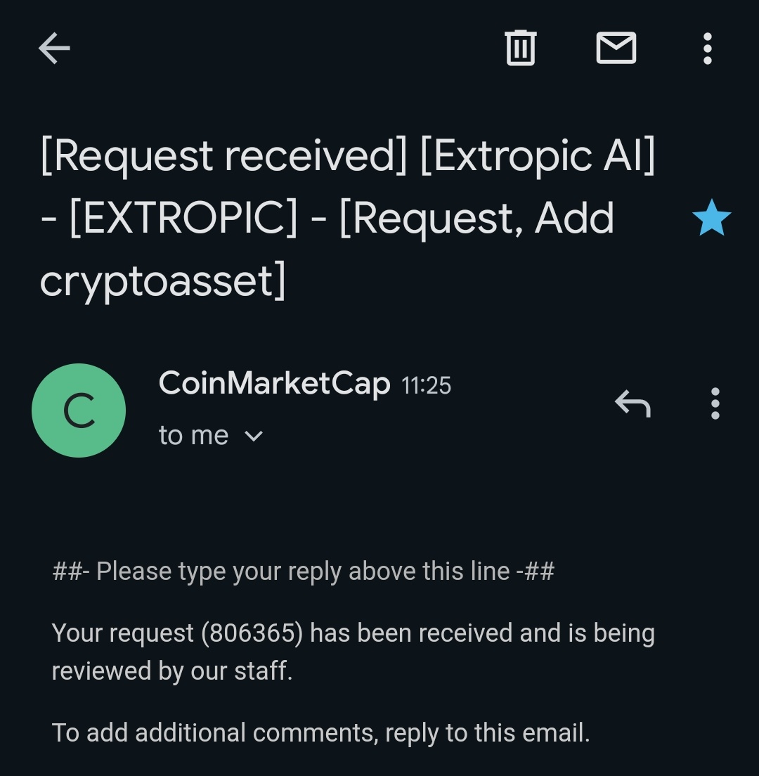 ExtropicERC's tweet photo. We have submitted our application for a @CoinMarketCap listing from team@extropicai.vip . Our application reference number is (806365) . We are patiently waiting a response from the team. @CoinMarketCap.

#ExtropicAI #Extropic #CoinMarketCap https://t.co/FdT7X4WTvG