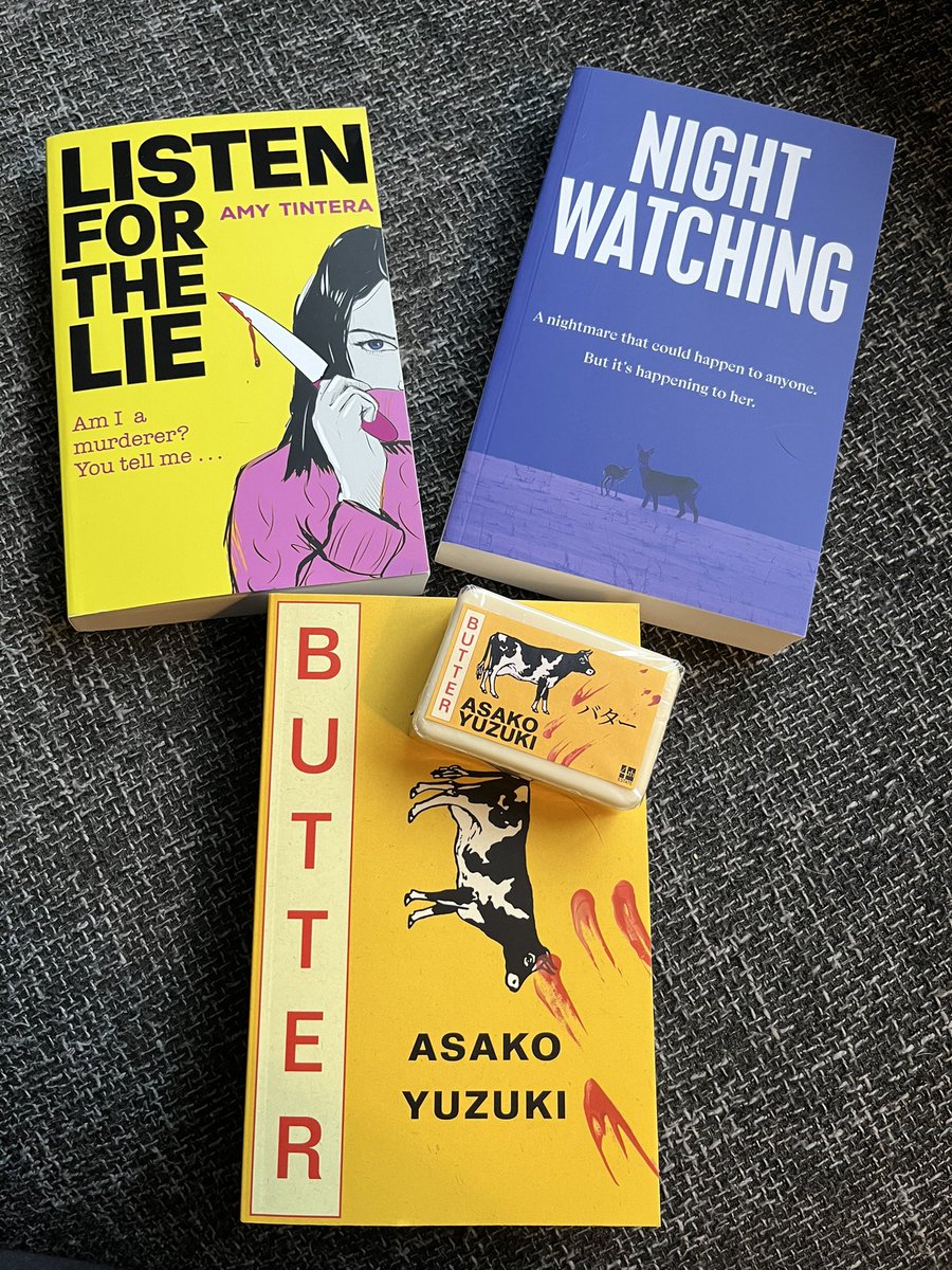 Super exciting book mail today! Big thanks @RachelMayQuin for #Butter by Asako Yuzuki @4thEstateBooks and the cutest butter-esque soap! Also thank you to @VikingBooksUK for #Nightwatching by @tsierraauthor and @TransworldBooks for #ListenForTheLie @amytintera 
Out Feb/March ‘24!