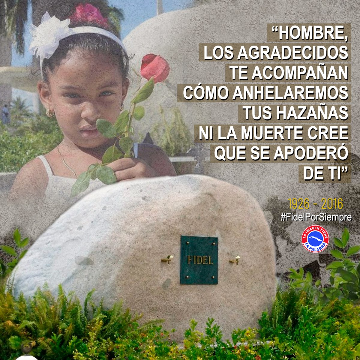 #FidelPorSiempre
Qué soñador no te abraza
si soñar en ti fue innato,
¿Quién no guarda tu retrato
en un lugar de la casa?
¡Cuánto valor y coraza!
¡Cuánta ética vibrante!
¡Cuánta historia desafiante!
¡Cuánta pasión,cuánta lucha!
Y solo un grito se escucha:
Hasta siempre,Comandante.