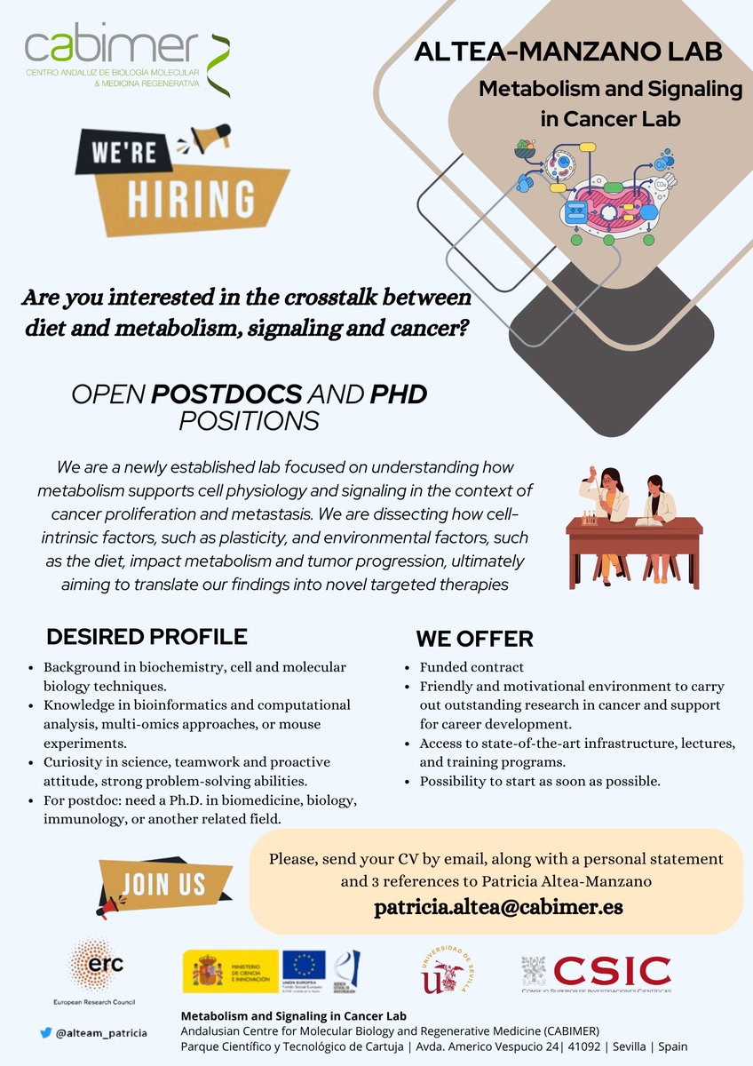 We are recruiting PhD students and Postdocs!! If you are interested in uncovering unconventional roles of metabolism in cancer, want to work in a great environment, and live in the beautiful city of Seville, contact me⬇️We offer fully-funded positions ⬇️Please share 🙂