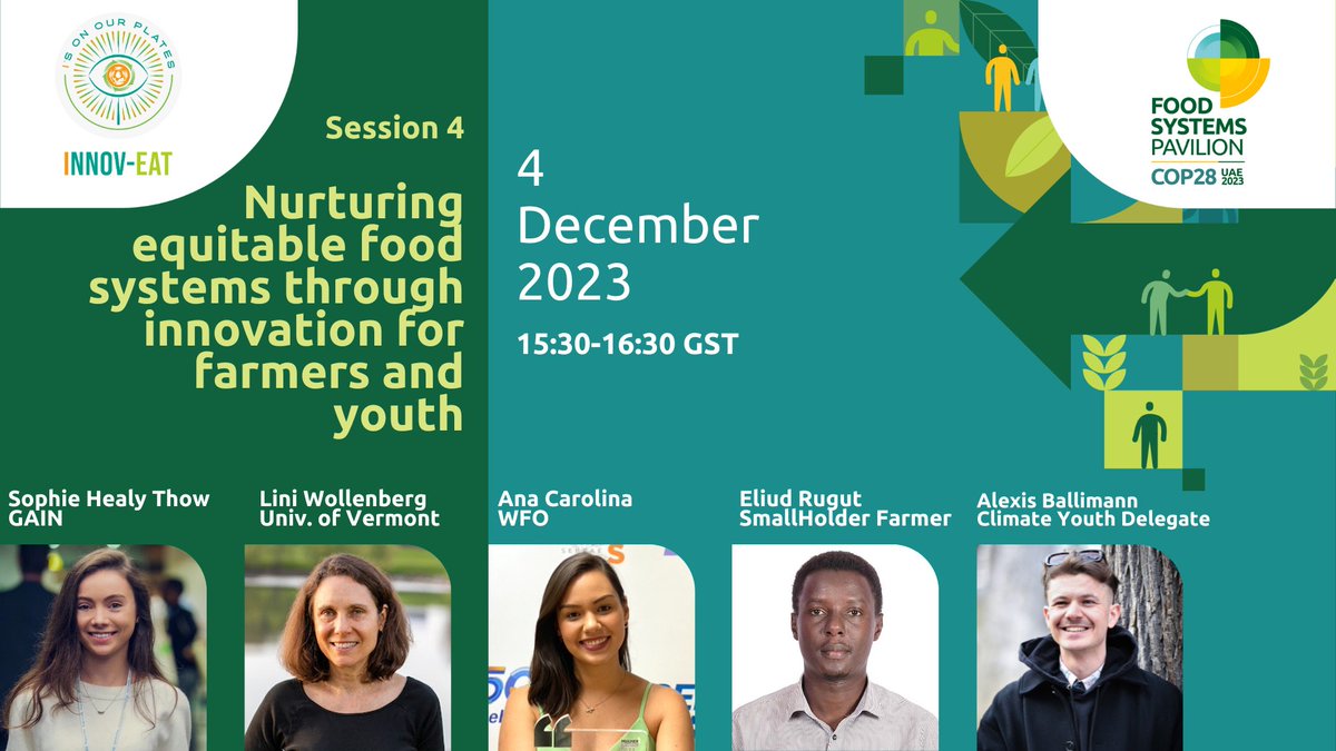 Next up at @ActionOnFood we'll focus on bridging the gap between farmers and youth by exploring how tech can empower both communities and create a more inclusive agricultural landscape 🌉🌎.  

Watch live foodsystemspavilion.com/4th-dec-overvi… 

@worldfarmersorg #INNOVEAT #ActionOnFood