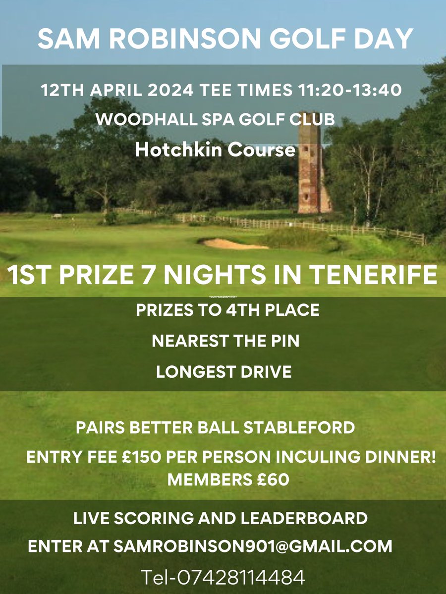 I will be running a golf day next year to help fund my 2024 golf season. Great prizes on a great golf course. Auction and on course games too. Please get in touch for any entries or questions. Thanks for your support.
Sam