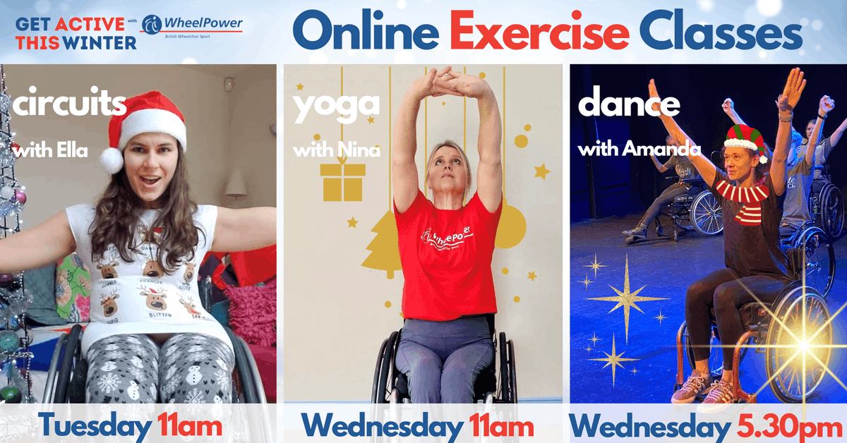 wheelpower's tweet photo. Get Active this Winter with 3️⃣ FREE Online Exercise Class from WheelPower:
🎄 Tuesday 11am - Exercise with Ella
❄️ Wednesday 11am - Yoga with Nina
☃️ Wednesday 5.30pm - Dance with Amanda
🎟️ https://t.co/P8QKl4hB94  #OnlineExerciseClass https://t.co/xyewBPV4nn