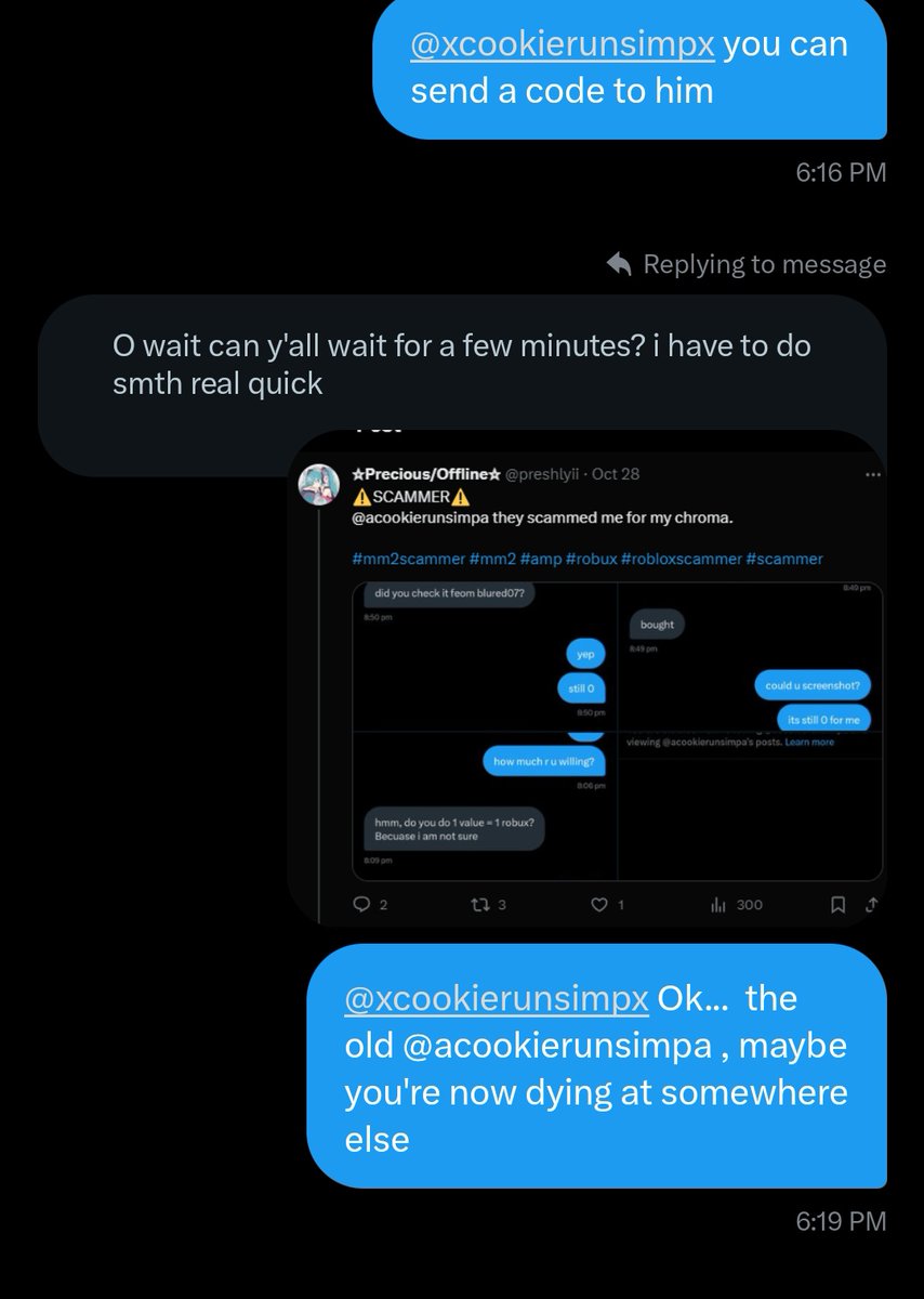 Leafy_Leaa's tweet photo. Roblox user : xxJustACosplayerxx
Old user : Yaprak_Turkiye , Emmaaloves_UU
Twitter user : @xcookierunsimpx 
Old twt user :  @acookierunsimpa

 act suspicious and then I found out that they were a scammer x

#scam #scammer #robloxscammer #royalehighscammer 
#adoptmescammer #roblox https://t.co/furE0BkiyO