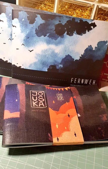 Sneak peek untuk ready stock #comifuro17  Masih ada stok zine 'FERNWEH'  dan 'Jouska'  Maaf ndak bisa di keep stoknya. First come first served   Weekend besok aku bakal upload katalog merch ready stock hejoisme untuk CF17 ya.  Thank you! 
