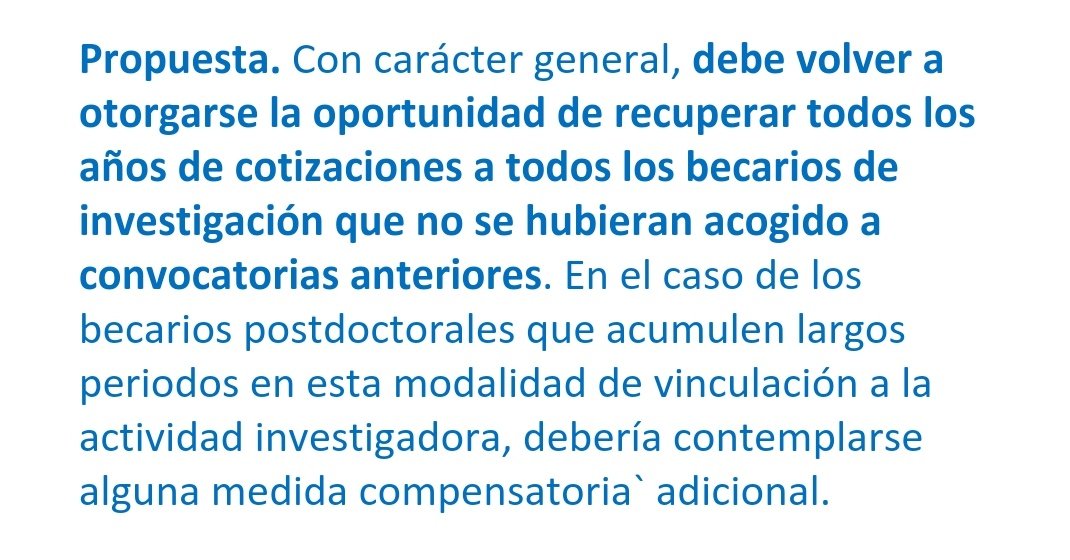 "Debe otorgarse la oportunidad de recuperar todos los años de cotizaciones a los becarios de investigación no acogidos a convocatorias anteriores.
Y a los postdoctorales con largos periodos con esta vinculación a la actividad investigadora, alguna medida compensatoria"
<a href="/OpiInvest/">InvestOPI</a>