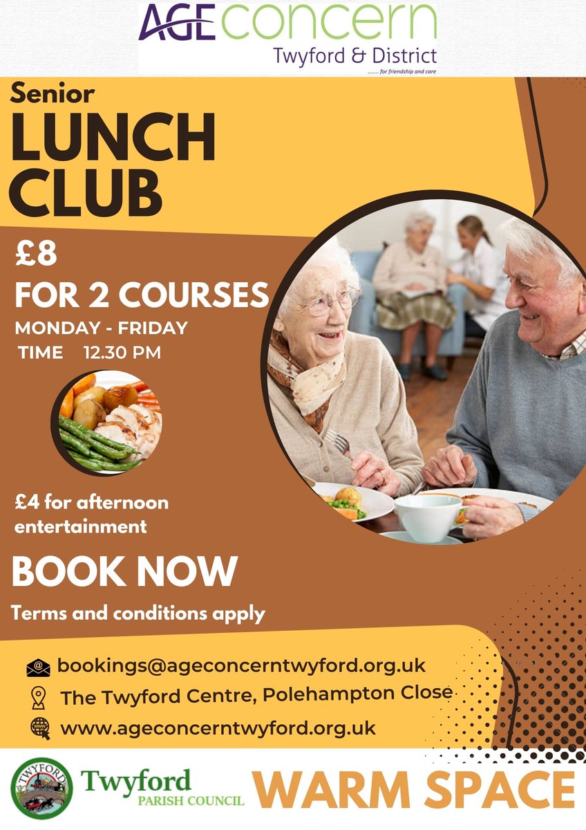 Thanks to Age Concern Twyford &amp; District we've got our first 'sign up' for the 2023/24 Warm Space.  Our Senior residents can take up the offer of a two course meal at a non-member discounted price. Booking is required. twyfordparishcouncil.gov.uk/comm.../warm-s…