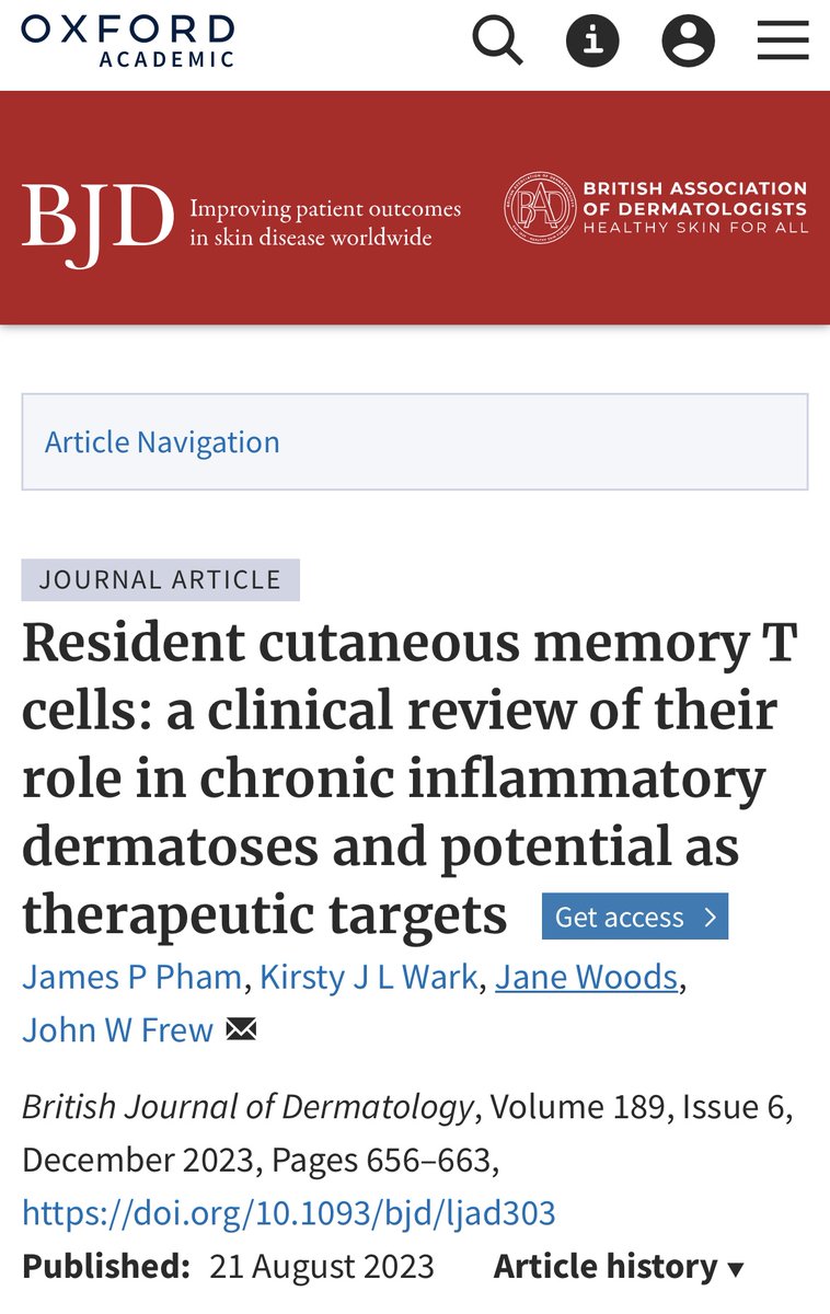 This review summarizes the current understanding of mechanisms underlying the development and survival of resident cutaneous T memory cells in inflammatory skin disease and reports of the effect of current therapeutics upon their survival and function.

doi.org/10.1093/bjd/lj…