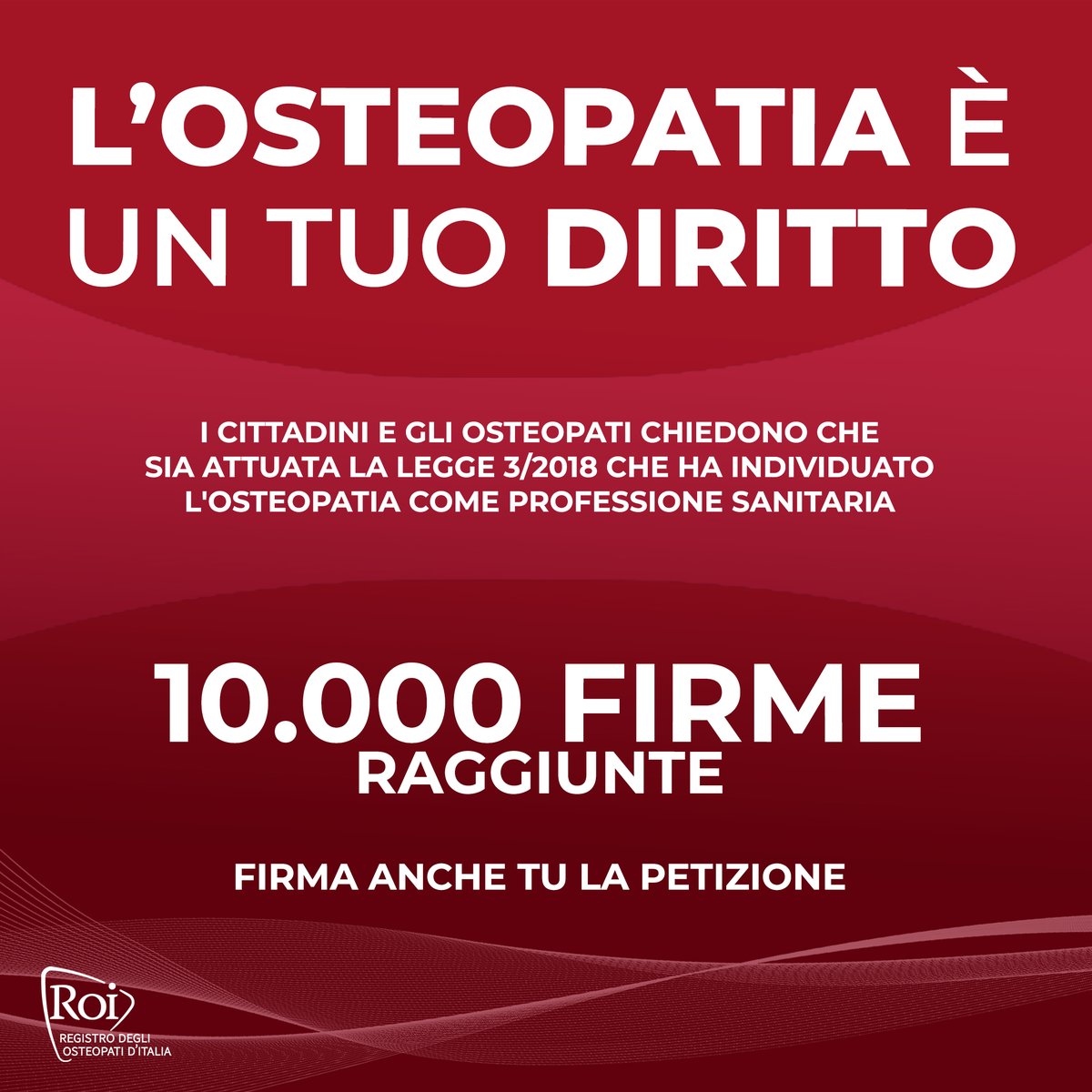 🖋 10.000 firme raggiunte, e tu hai firmato?

Continuate a condividere la petizione, raggiungiamo insieme il prossimo obiettivo > bit.ly/PetizioneOsteo…

#decretosubito #osteopatiaprofessionesanitaria
<a href="/mur_gov_/">Ministero dell'Università e della Ricerca</a>
<a href="/MinisteroSalute/">Ministero della Salute</a>
<a href="/BerniniAM/">Anna Maria Bernini 🇮🇹</a>