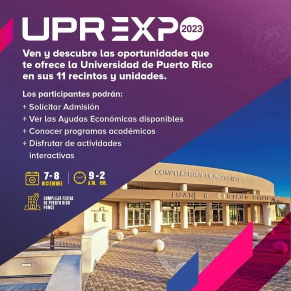 La <a href="/UPR_Oficial/">UPR</a> y el RCM les invita a la UPR EXPO este próximo 7 y 8 de diciembre desde el Complejo Ferial de Puerto Rico en Ponce. 

Ven a conocer nuestros programas académicos subgraduados y graduados. 

Te esperamos.