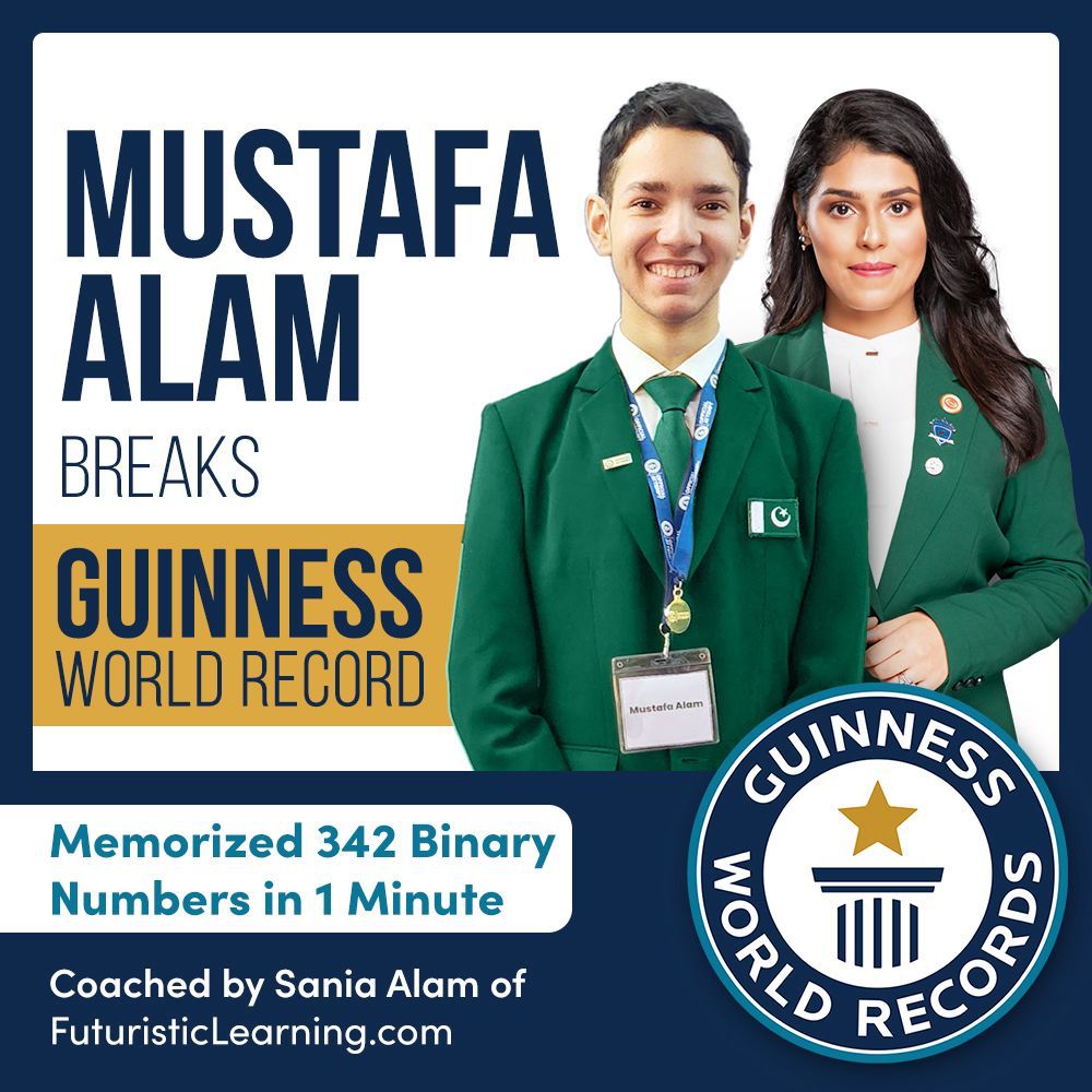 Congratulations to <a href="/MustafaChamp/">Mustafa Alam</a>, a student of Futuristic Learning, who memorized 342 binary numbers in one minute, setting a new #GuinnessWorldRecord. Our brain truly is a powerful unit! 
Thank You Coach <a href="/SaniaAlamIHMD/">Sania Alam</a> !!!!!!