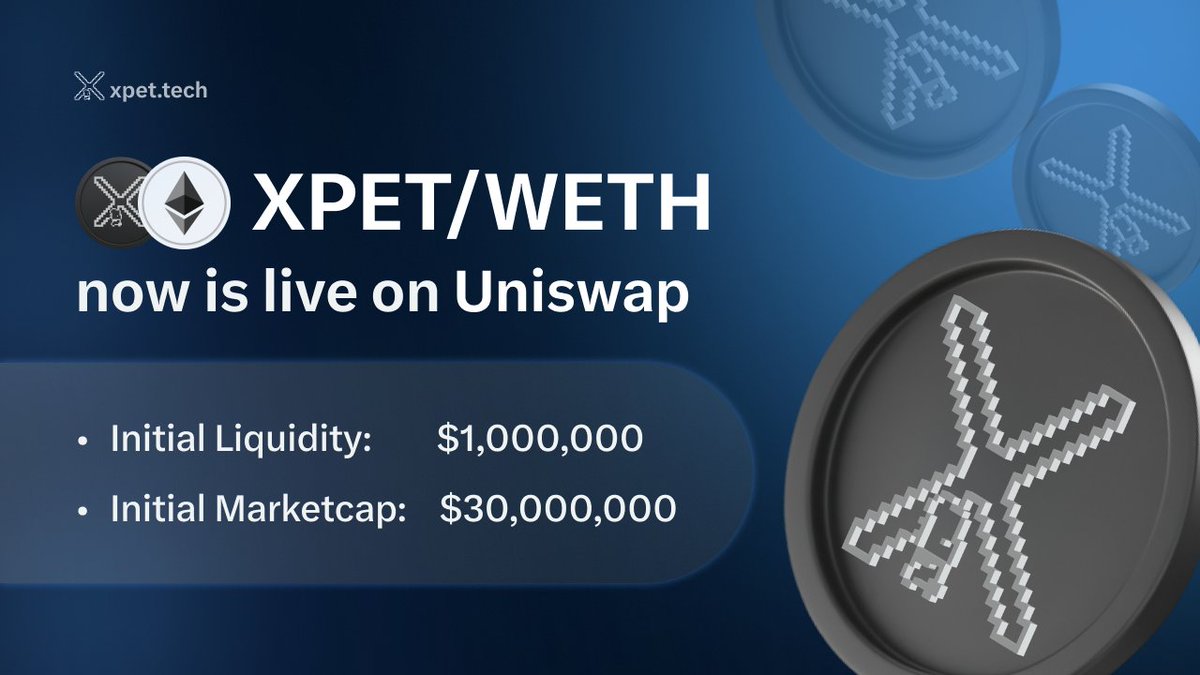 memetree.io 🐻⛓ (@xpet_tech) on Twitter photo $XPET/WETH now is live on <a href="/Uniswap/">Uniswap Labs 🦄</a>
Contract: 0x00cbcf7b3d37844e44b888bc747bdd75fcf4e555
Initial Liquidity: $1,000,000
Initial Marketcap: $30,000,000
Dexscreener: dexscreener.com/arbitrum/0x3a2… $XPET/WETH now is live on <a href="/Uniswap/">Uniswap Labs 🦄</a>
Contract: 0x00cbcf7b3d37844e44b888bc747bdd75fcf4e555
Initial Liquidity: $1,000,000
Initial Marketcap: $30,000,000
Dexscreener: dexscreener.com/arbitrum/0x3a2…