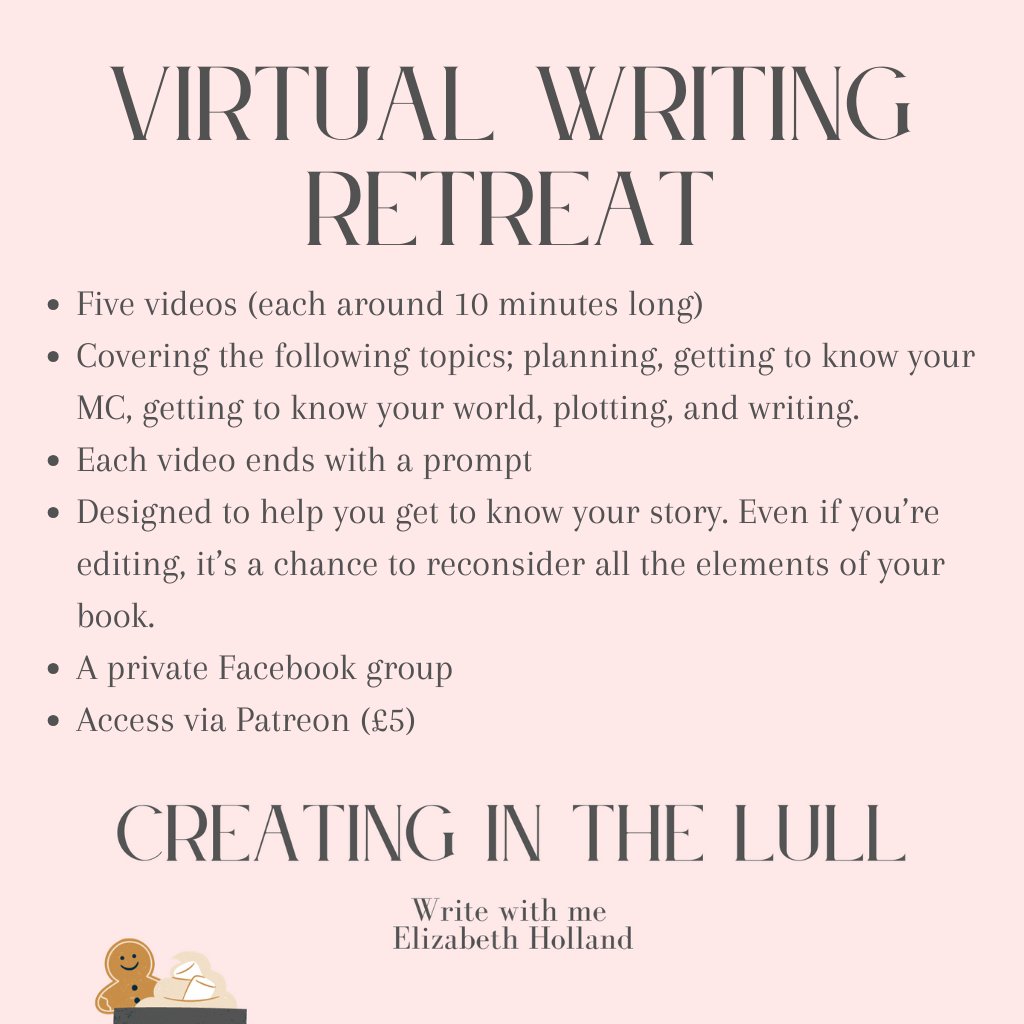 Virtual writing retreat 🥳 27th - 31st December ☺️ 5 videos (approx 10 mins each) Topics: Planning, getting to know your MC, getting to know your world, plotting, and writing. Prompts #WritingCommunity #Writers