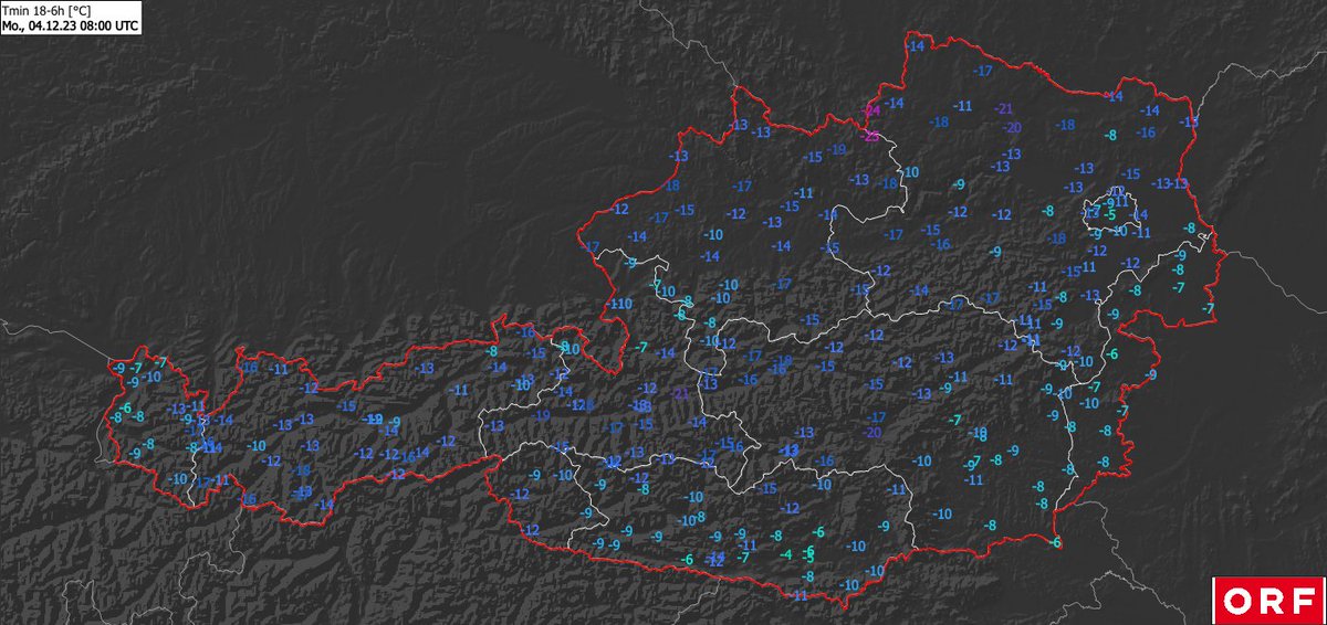 Die heutigen Tiefsttemperaturen pro Bundesland 🧊🧊
-16,7° Lech am Arlberg/V
-17,5° St. Leonhard im Pitztal/T
-20,9° Radstadt/S
-14,9° Flattnitz/K
-19,9° Zeltweg/ST
-25,4° Liebenau-Gugu/OÖ
-24,2° Schwarzau im Freiwald/NÖ
-13,4° Wien Mariabrunn/W
-10,1° Kroisegg/B