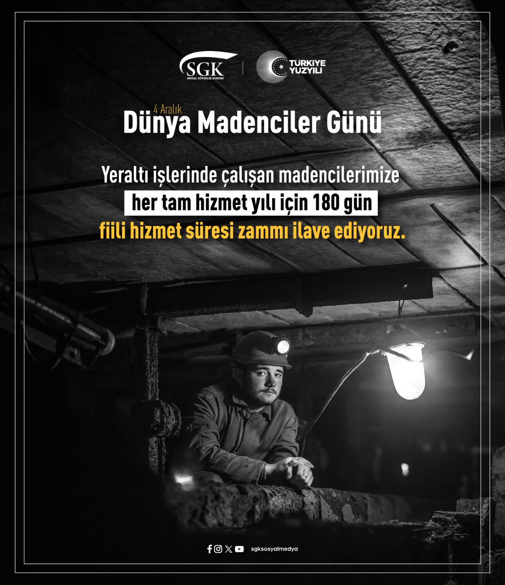 sgksosyalmedya's tweet photo. Riskli ve zorlu çalışma koşullarında emek vererek ülke ekonomisine büyük katkı sağlayan madencilerimizin daima yanında oluyor, her tam hizmet yılı için 180 gün fiili hizmet süresi zammı ilave ediyoruz.

4 Aralık #DünyaMadencilerGünü https://t.co/IY0PPJrf8O