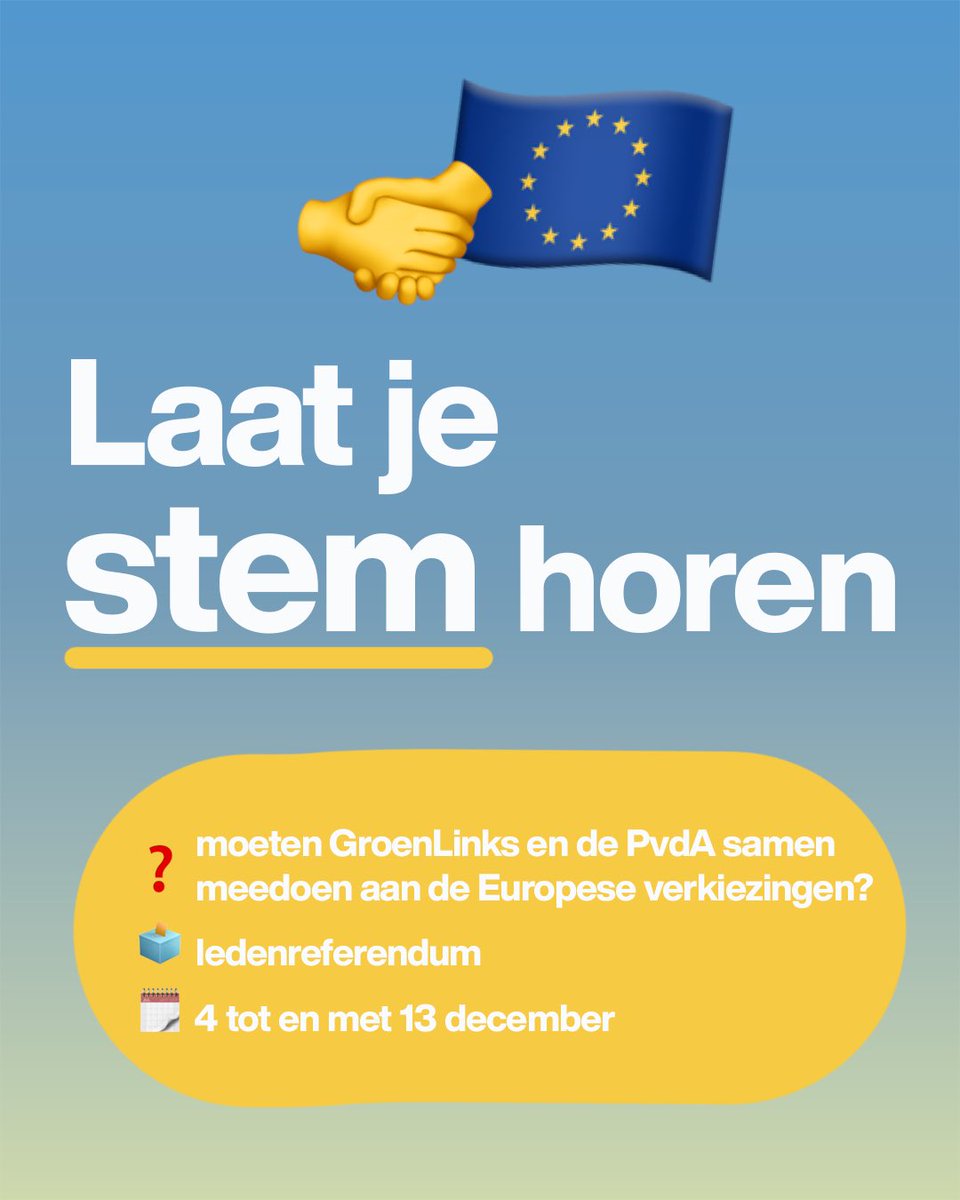🚨 Leden van GroenLinks/de PvdA opgelet: vanaf vandaag kun je stemmen in het referendum over de vraag of GroenLinks en de PvdA ook bij de Europese verkiezingen van komend voorjaar met één lijst en programma mee moeten doen.

Laat je stem horen, doe mee: groen.li/ledenreferendu…