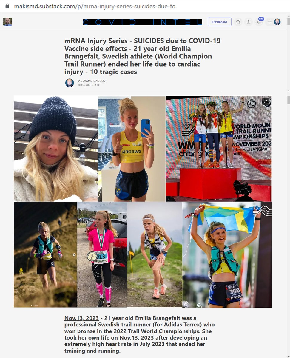 NEW ARTICLE: SUICIDES due to COVID-19 Vaccine side effects - 21 year old Emilia Brangefalt, Swedish athlete (World Champion Trail Runner) ended her life due to a cardiac injury that started in July 2023 I present 10 Tragic cases. Nov.13, 2023 - 21 year old Emilia Brangefalt was…