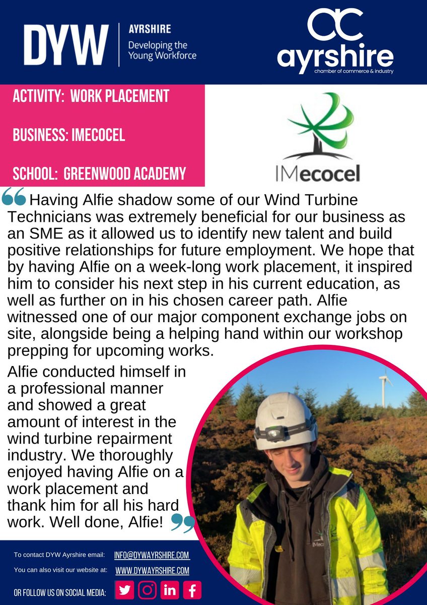 DYWAyrshire's tweet photo. "Having Alfie shadow some of our Wind Turbine Technicians was extremely beneficial for our business."
"We thoroughly enjoyed having Alfie on a work placement and thank him for all his hard work."
Read @ecocelrenew 's story this #WorkExperienceWeek ππΌππΌπ @Greenwood_Acad https://t.co/4X6i8t3LjS