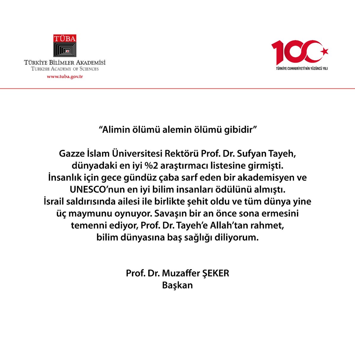 “Alimin ölümü alemin ölümü gibidir” Hain İsrail saldırısında şehit olan Gazze İslam Üniversitesi Rektörü Prof. Dr. Sufyan Tayeh’e Allah’tan rahmet, bilim dünyasına baş sağlığı diliyorum.