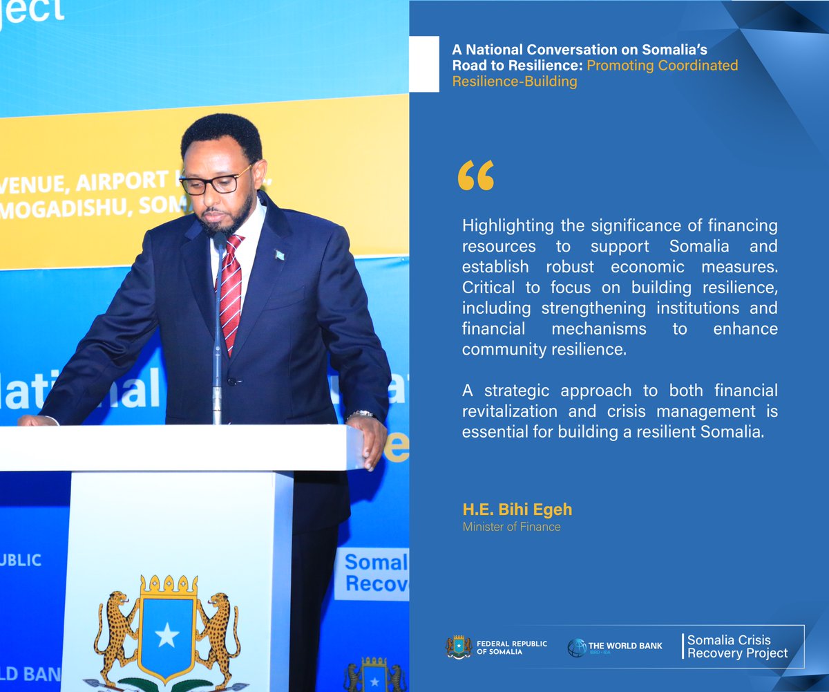 'A strategic approach to both financial revitalization and crisis management is essential for building a resilient #Somalia. ‘’
H.E. Bihi Egeh, Minister of Finance
#SomaliRecovery
#BuildingResilience 
#Kabasho