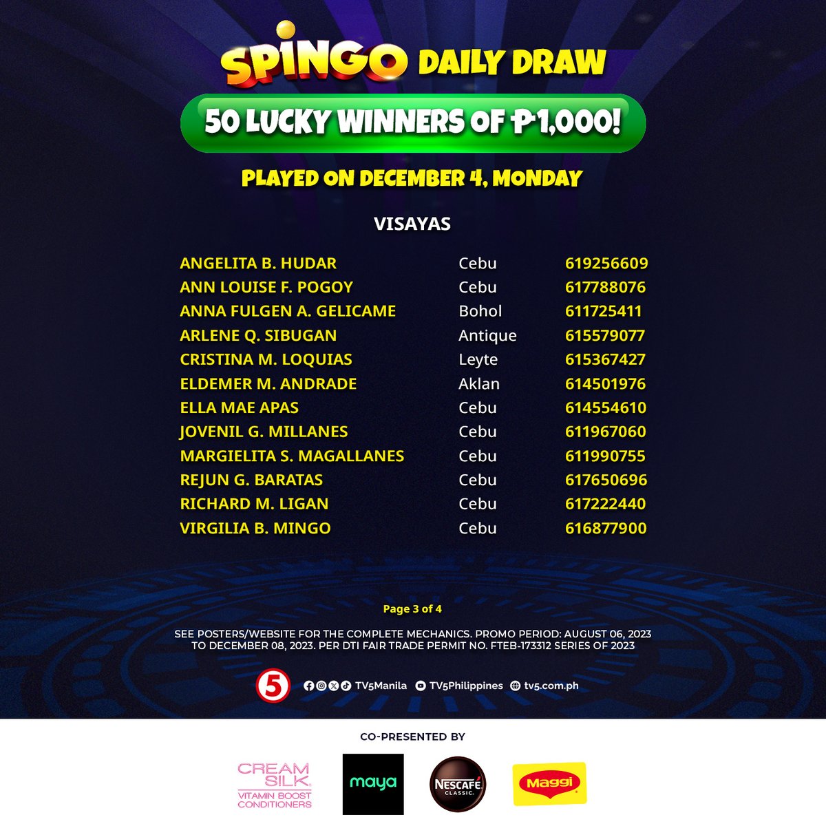 TV5manila's tweet image. CONGRATULATIONS sa mga maswerteng Pindutero&apos;t Pindutera na nanalo sa ating DAILY DRAW ngayong Lunes, December 4! 🤩 Mag-uuwi kayo ng tig-iisang libong piso mula sa #SpinGo! 🥳