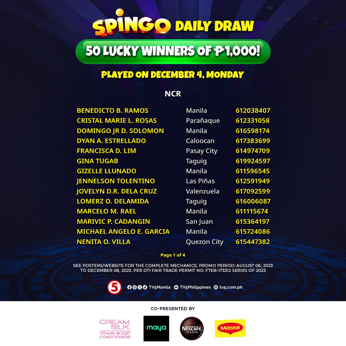 TV5manila's tweet image. CONGRATULATIONS sa mga maswerteng Pindutero&apos;t Pindutera na nanalo sa ating DAILY DRAW ngayong Lunes, December 4! 🤩 Mag-uuwi kayo ng tig-iisang libong piso mula sa #SpinGo! 🥳