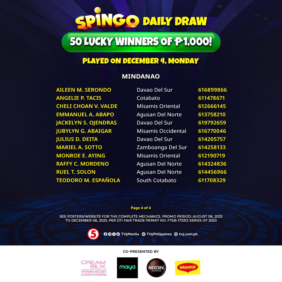 TV5manila's tweet image. CONGRATULATIONS sa mga maswerteng Pindutero&apos;t Pindutera na nanalo sa ating DAILY DRAW ngayong Lunes, December 4! 🤩 Mag-uuwi kayo ng tig-iisang libong piso mula sa #SpinGo! 🥳
