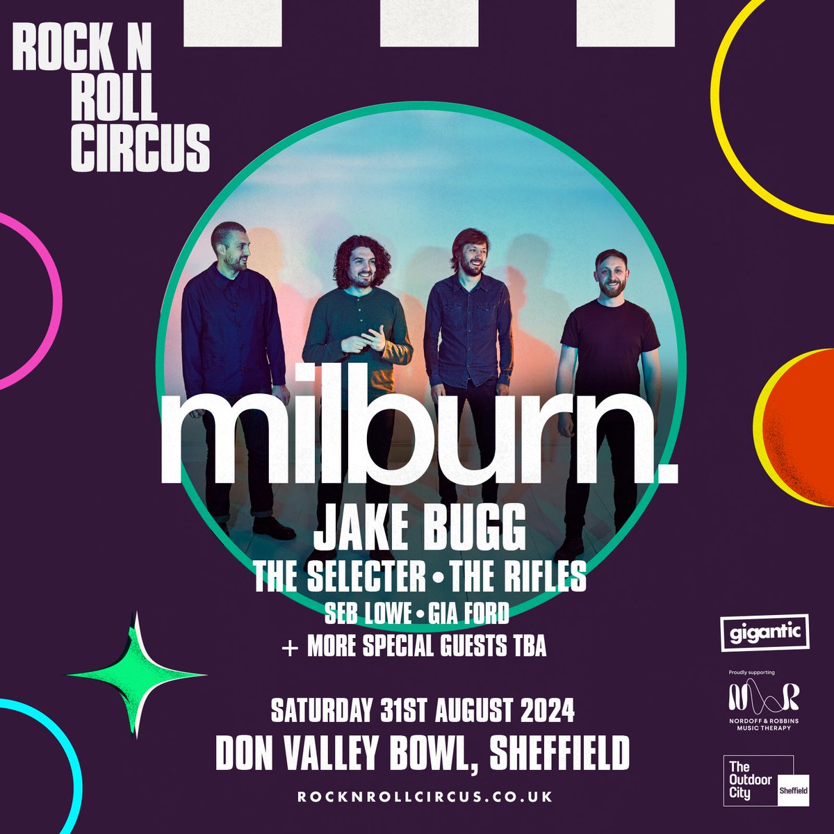 RandRCircus's tweet photo. MILBURN, welcome to the Circus! We are delighted to announce that @milburnmusic have agreed to reform for one HUGE show at Don Valley Bowl next August 🎪 

Featuring some amazing special guests including @jakebugg, @theselecter
@theriflesband,@seb_lowe_music, @gia__ford and more surprises TBA! 👀

Pre-sale opens 10am on Wednesday. Sign up now via https://t.co/hiD9YnMIBd 🎟️