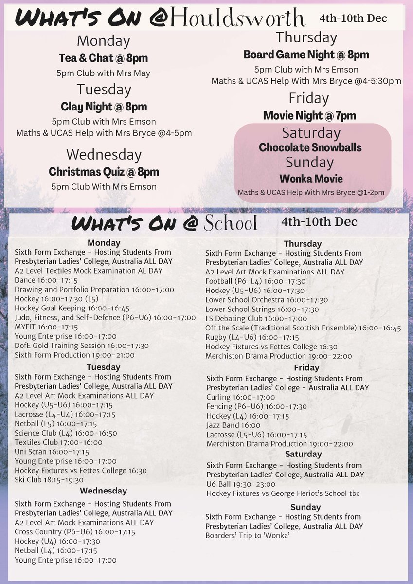 stgeorgesedin's tweet photo. Packed week ahead for our boarders! Sixth Form hosting exchange students from @plcsydney all week. Drama, mock exams, curling, lacrosse, &amp; more. See full event and activity schedule from Dec 4th-10th.🎉 #Iloveboarding  #stgeCommunity#boardinguk #aVoiceforAmbition https://t.co/x5HK9WKgV9