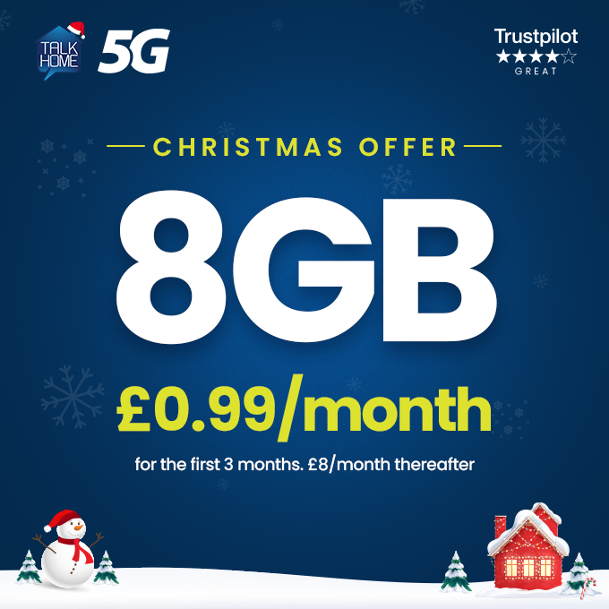TalkHomeUK's tweet photo. 8GB ultra-fast 5G data
🎁 £0.99/month for the first 3 months
💷 £8/month thereafter

#TalkHome #Christmas #SIMonly #5G https://t.co/WtqpTJiPNj