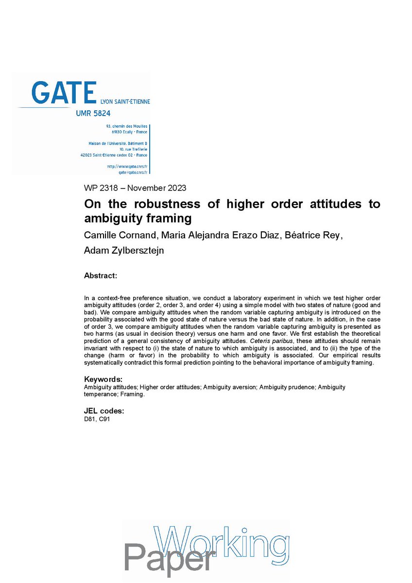 New GATE WP by Camille Cornand, <a href="/MariaAErazoDiaz/">Maria Alejandra Erazo</a>, Béatrice Rey, Adam Zylbersztejn "On the robustness of higher order attitudes to ambiguity framing" 

gate.cnrs.fr/RePEc/2023/231…

<a href="/GATELAB1/">GATE-LAB</a>