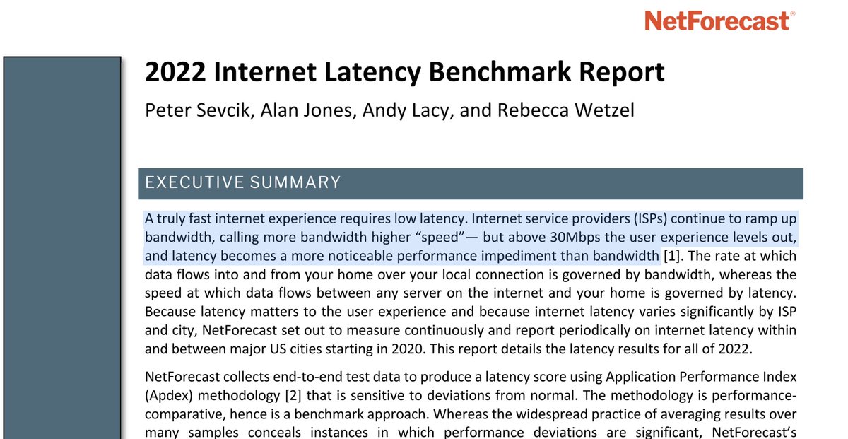'2022 #Latency Benchmark Report' - @net4cast:

netforecast.com/wp-content/upl…

#bandwidth #speedtest #broadband #QoS #QoE #QualityOfService #QualityOfExperience #RTT #RoundTripTime #NetForecast #Net4cast #LowLatency #ISP #InternetServiceProvider