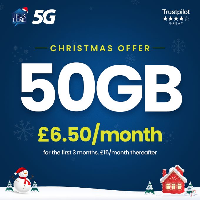 TalkHomeUK's tweet photo. 50GB ultra-fast 5G data
🎁 £6.50/month for the first 3 months
💷 £15/month thereafter

#TalkHome #Christmas #SIMonly #5G https://t.co/tvXc4KOnBX