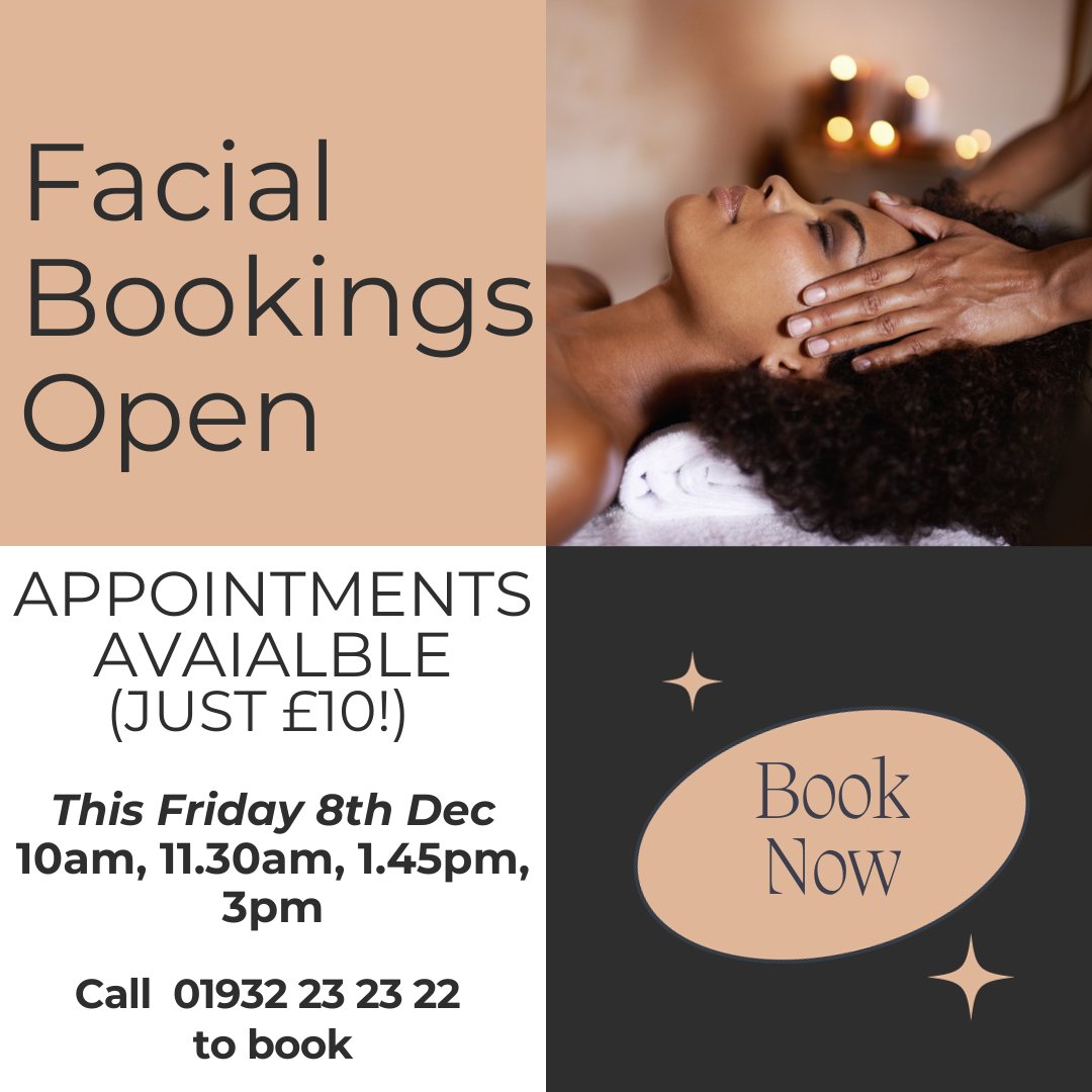 We have just 1 appointment left at each of the following times for a Facial treatment this Friday, 8th December:
10am / 11.30am / 1.45pm / 3pm
Start the Christmas Skincare Prep for just £10!
Call 01932 23 23 22 to book!

#seasonalskincare #beautytrainingsurrey #aestheticsacademy