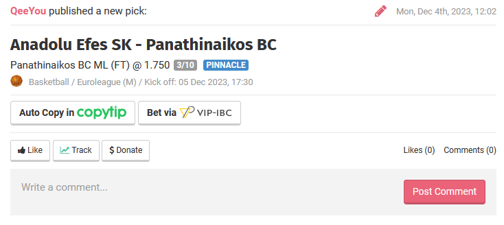Euroleague 🇪🇺

112€ a gagner parmi les #RT et ceux qui me follow si le pari passe.

🏀Anadolu Efes SK - Panathinaikos BC

Pick : Panathinaikos BC

Beaubois annoncé out pour 3 semaines y a quelques minutes.
Clyburn out 6 semaines.
Bryant, Willis, Zizic, Pleiss &amp; Ozdemiroglou