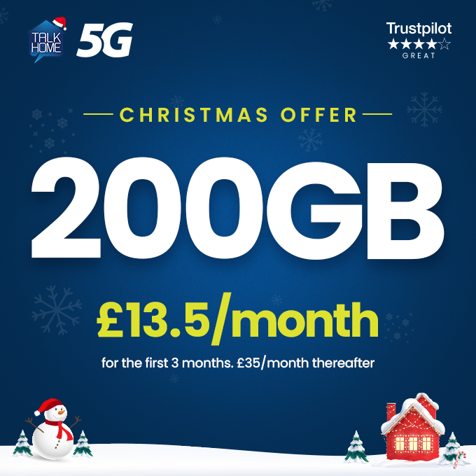 TalkHomeUK's tweet photo. 200GB ultra-fast 5G data
🎁 £13.50/month for the first 3 months
💷 £35/month thereafter

#TalkHome #Christmas #SIMonly #5G https://t.co/iMCVnYO4fJ