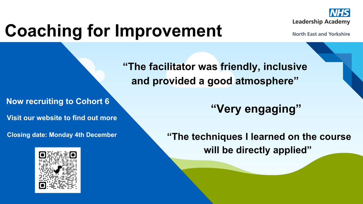 📣Last few places remaining on our Coaching for Improvement Programme(closing date today!) This programme has been designed for colleagues working in roles and projects which involve Quality Improvement. To find out more please visit our NEYLA website : ney.leadershipacademy.nhs.uk/coaching-for-i…
